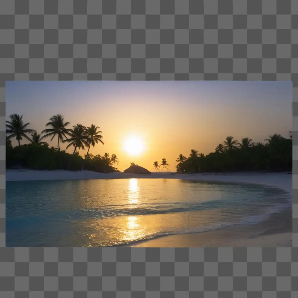 Sunset over tropical beach with palm trees and clear water