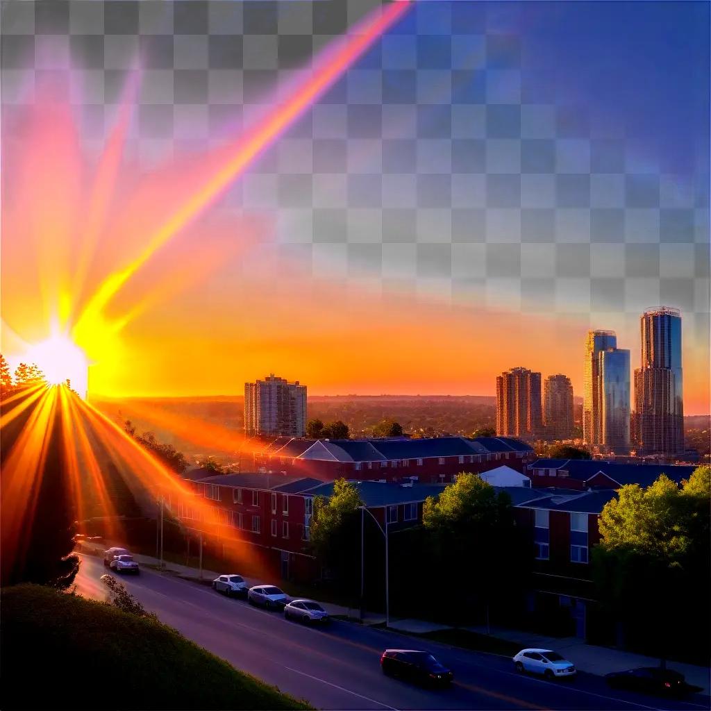 Sunset through city street lense flare