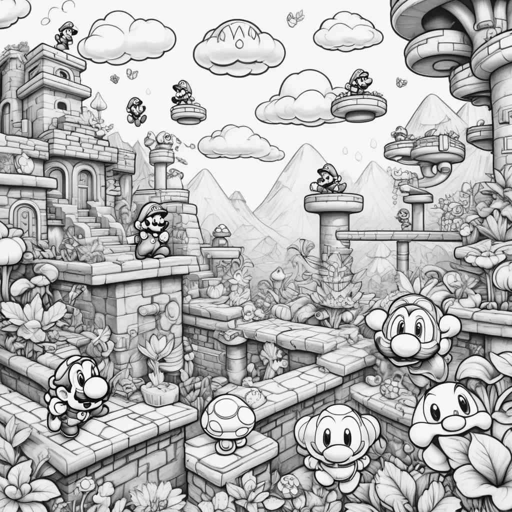 Super Mario Bros Coloring Page: A black and white drawing of a game