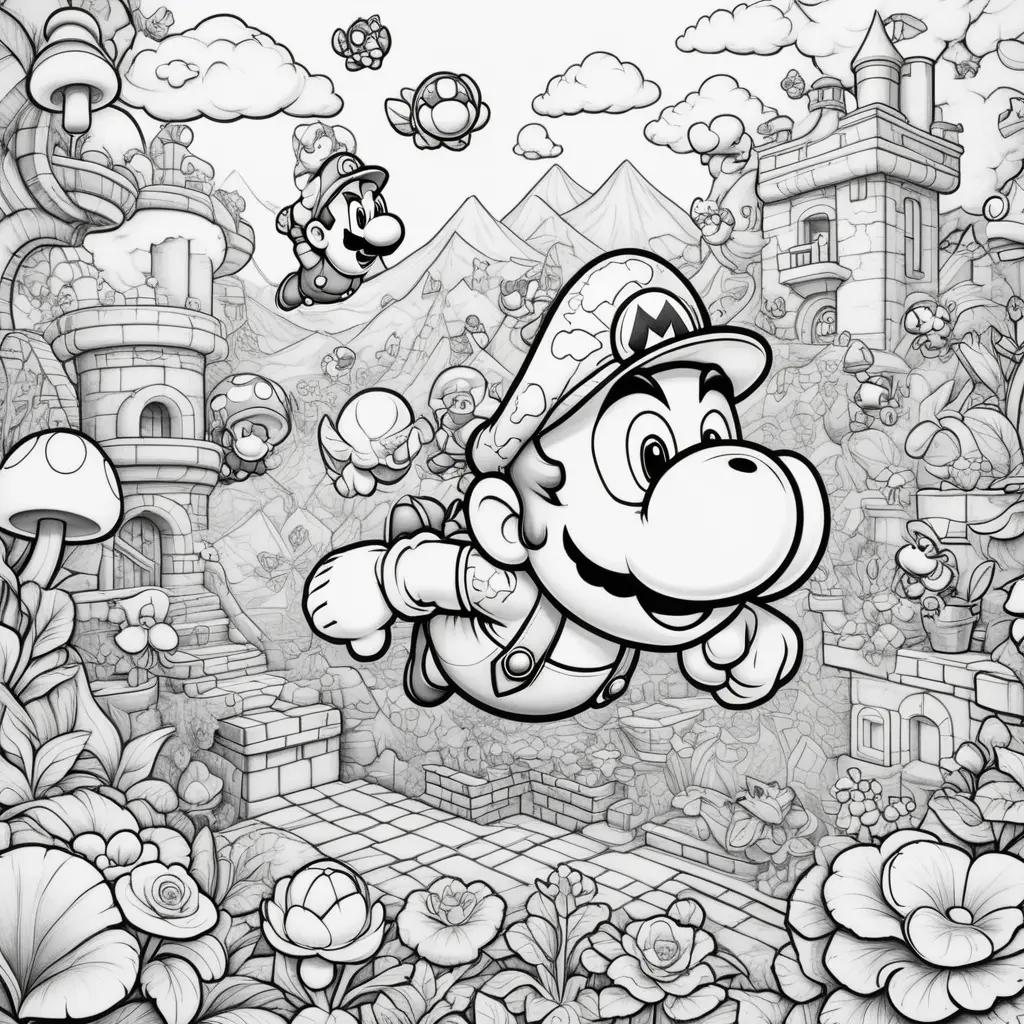 Super Mario Bros Coloring Page: A black and white illustration of Mario flying through the air