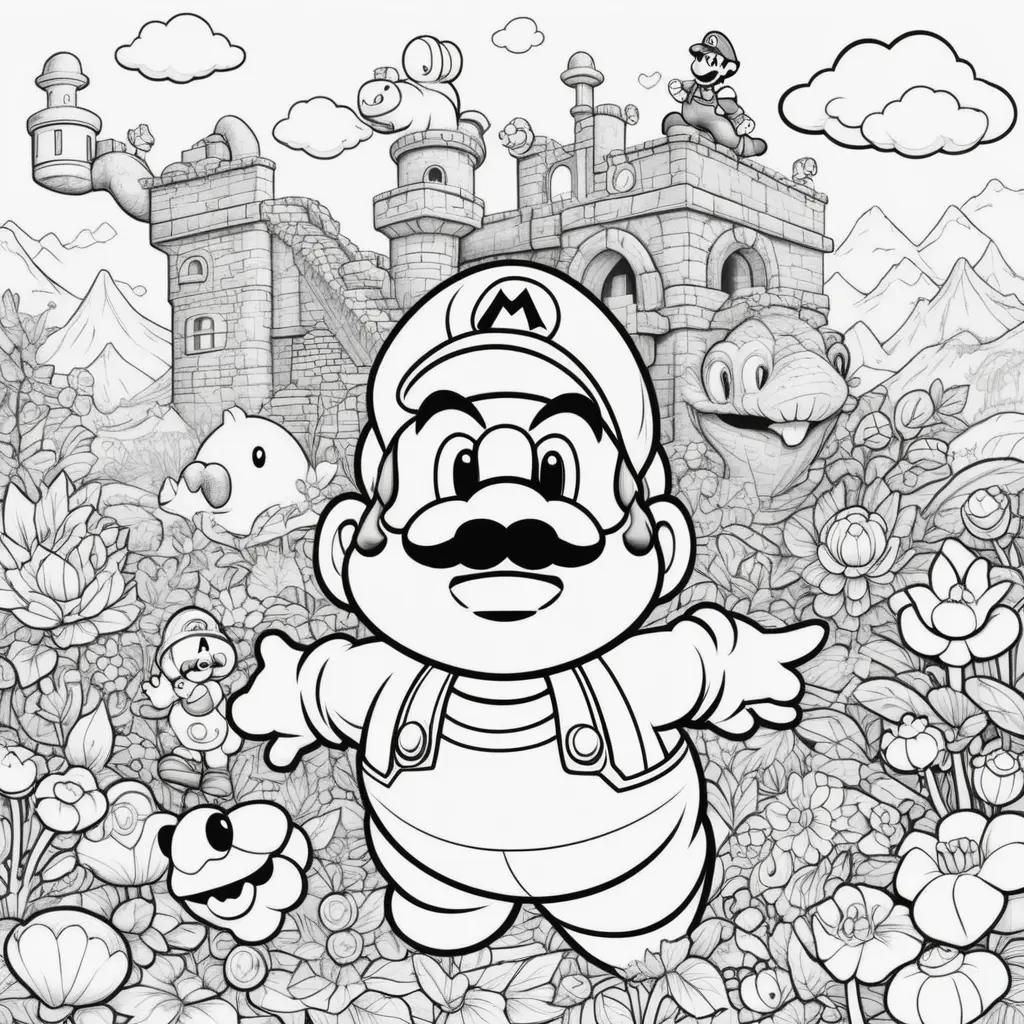 Super Mario Bros coloring page features a castle, flowers, and a mustache