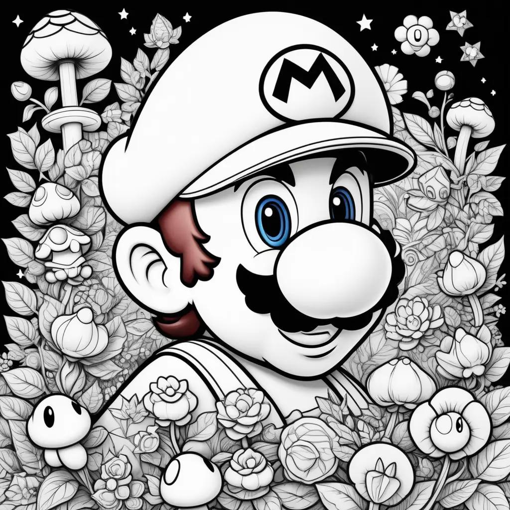 Super Mario Coloring Page with a black and white color scheme