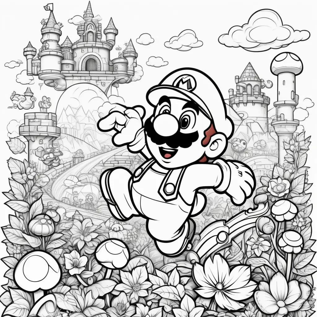 Super Mario Coloring Pages Featuring A Mushroom Kingdom Scene