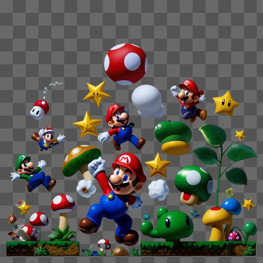 Super Mario characters flying and jumping through the air