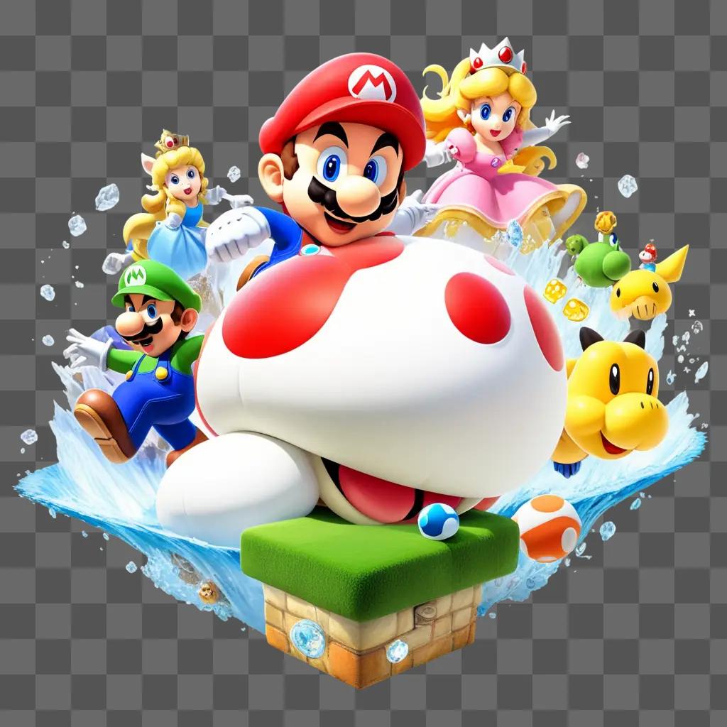 Super Mario characters on a splashy background