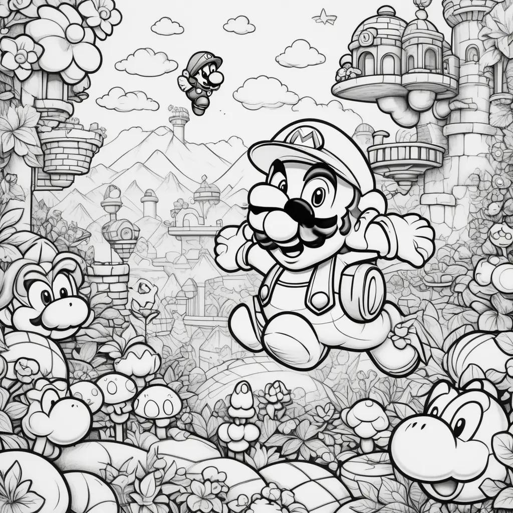 Super Mario coloring page: cartoon characters in a drawing