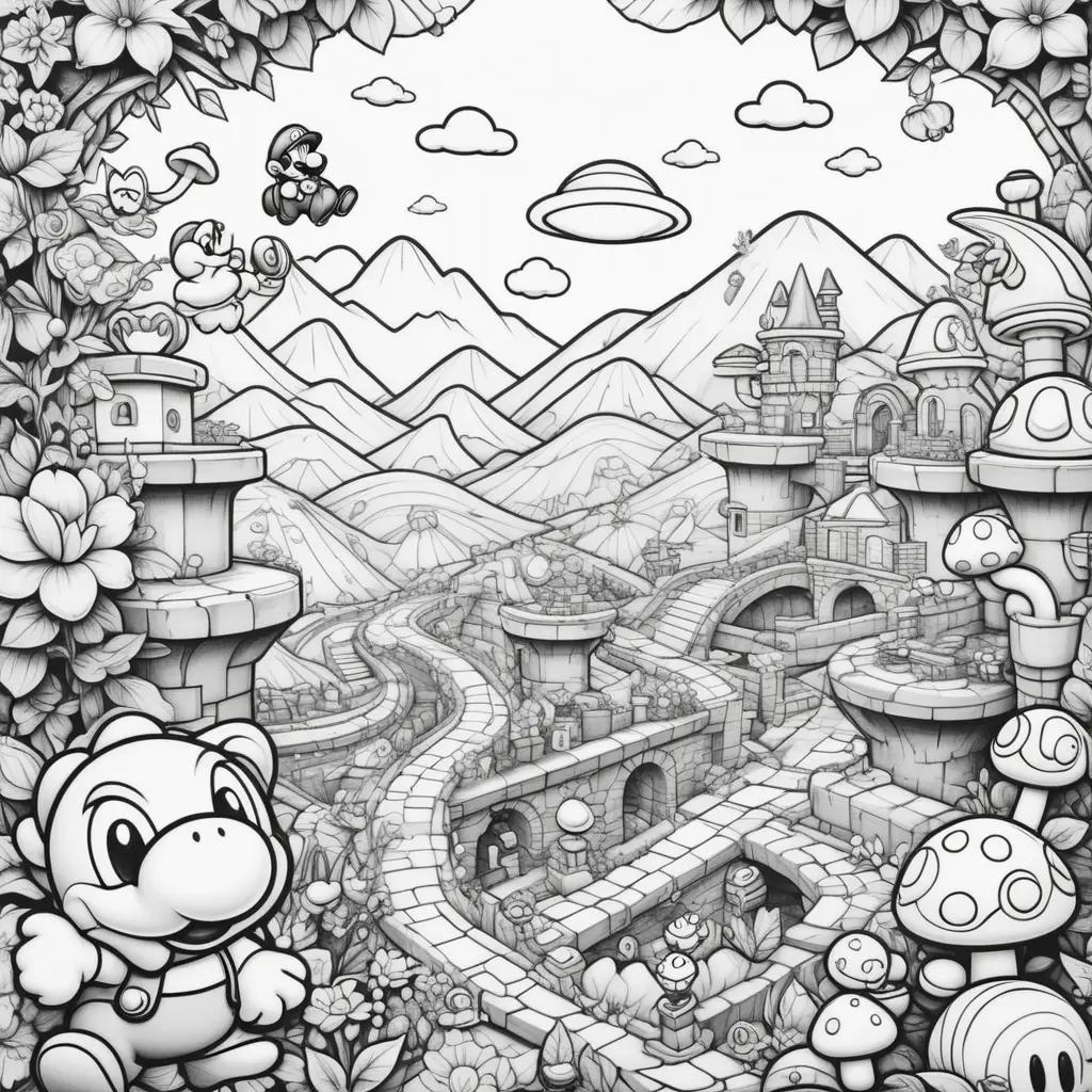 Super Mario coloring page featuring a mushroom kingdom scene with aliens