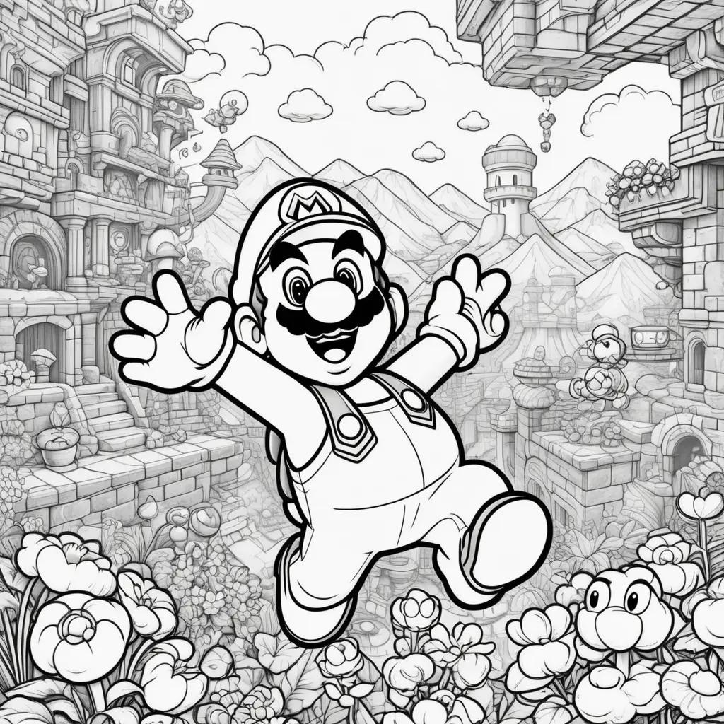 Super Mario coloring pages, a boy, flowers and buildings