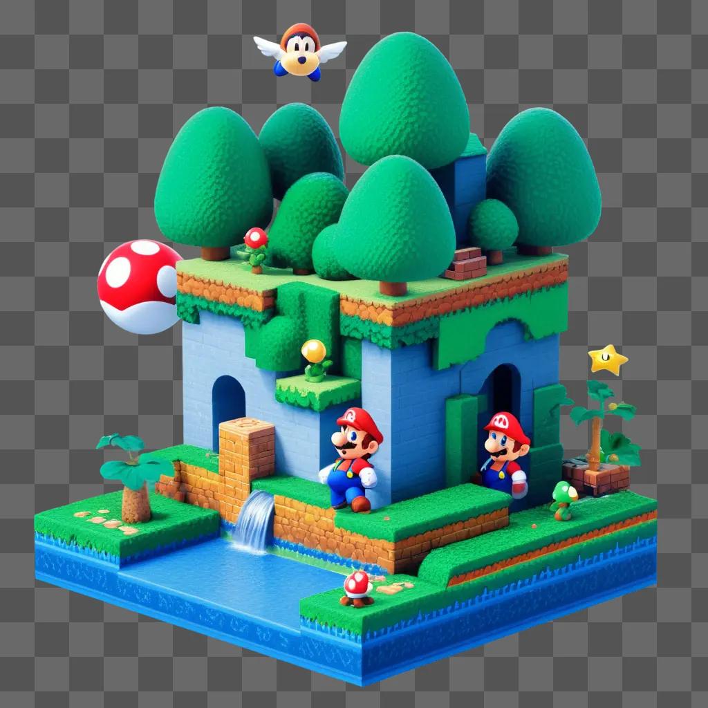 Super Mario themed building and characters in the water