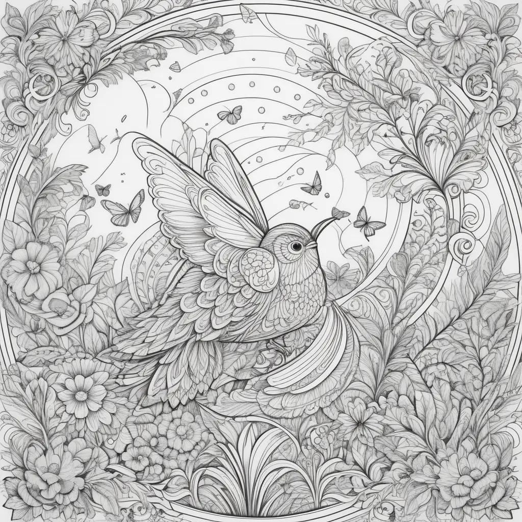 Super coloring pages of a hummingbird surrounded by butterflies and flowers