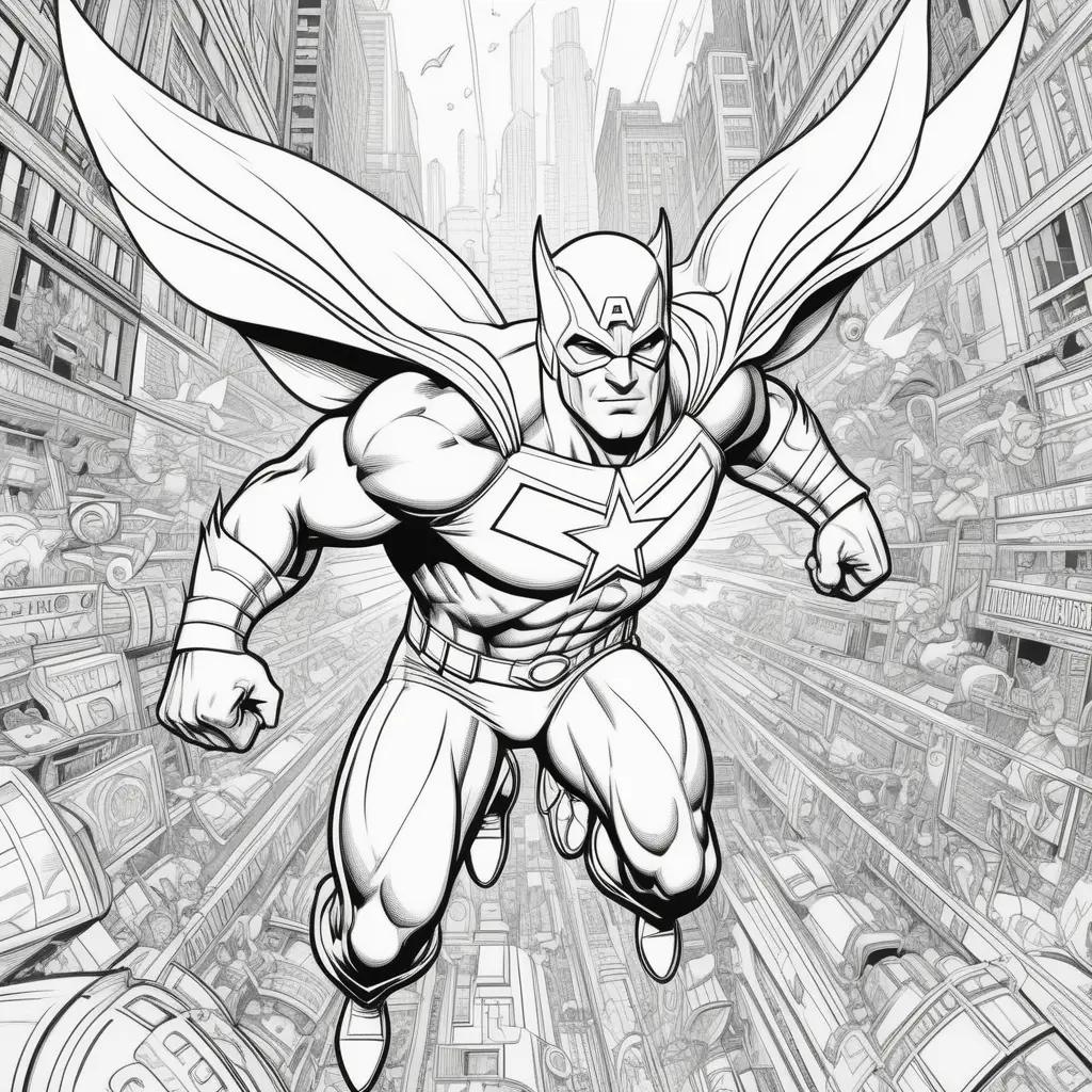 Superhero coloring pages featuring a flying man and city