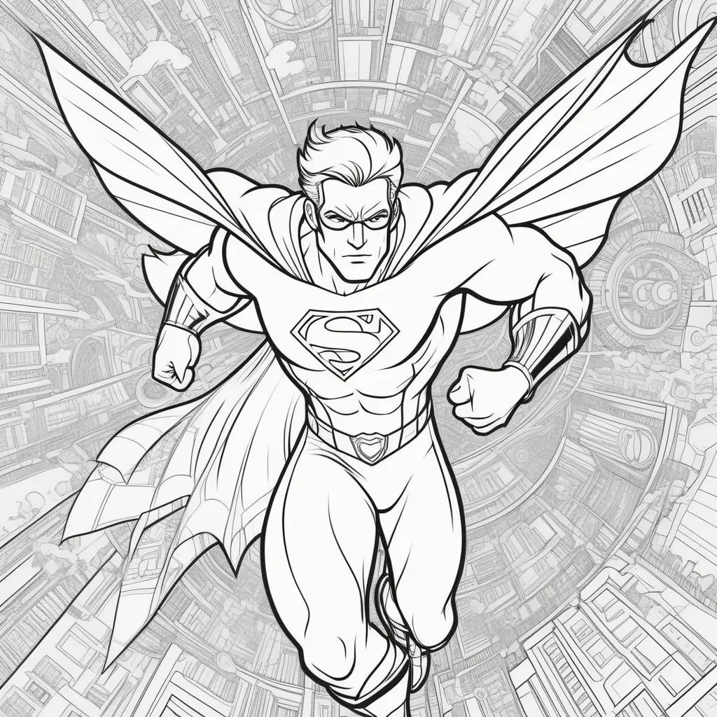 Superman Coloring Page with a background of buildings and a flying superhero