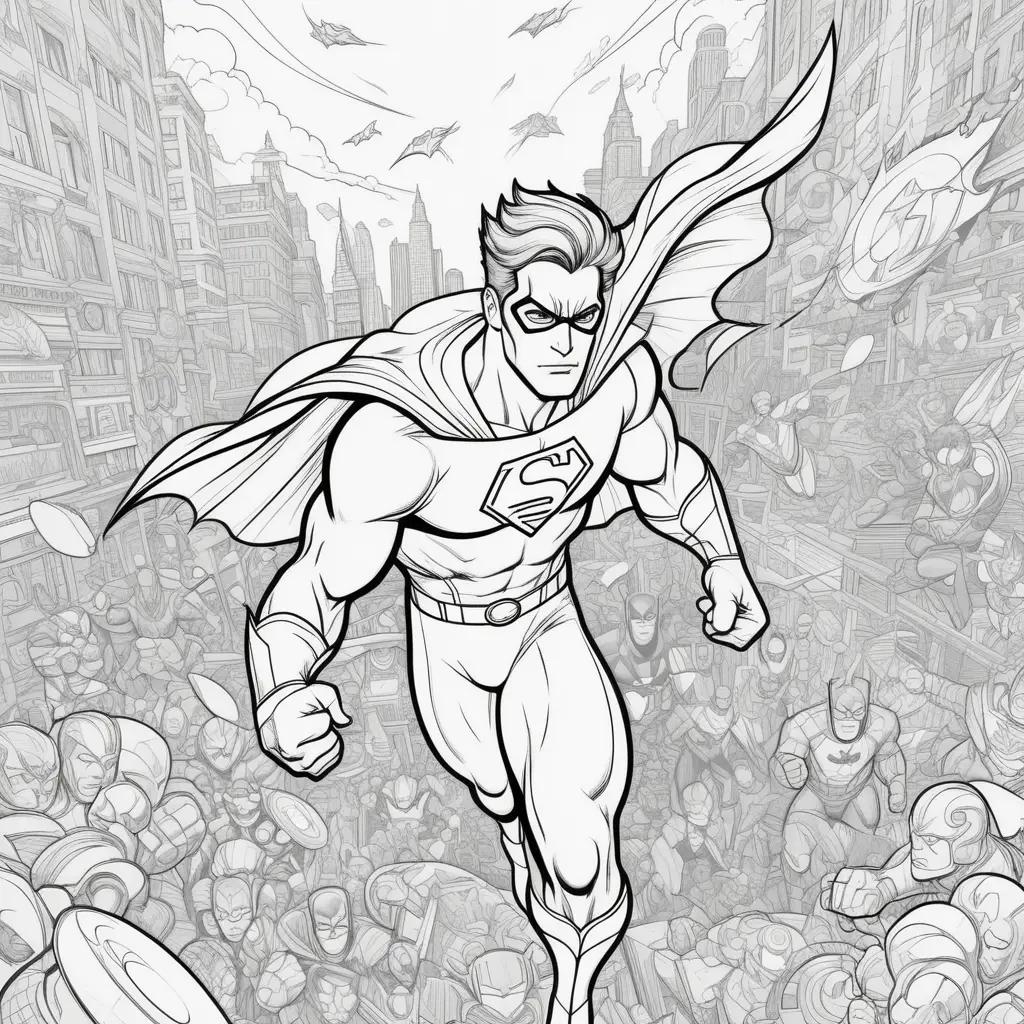 Superman coloring page in a city with other characters