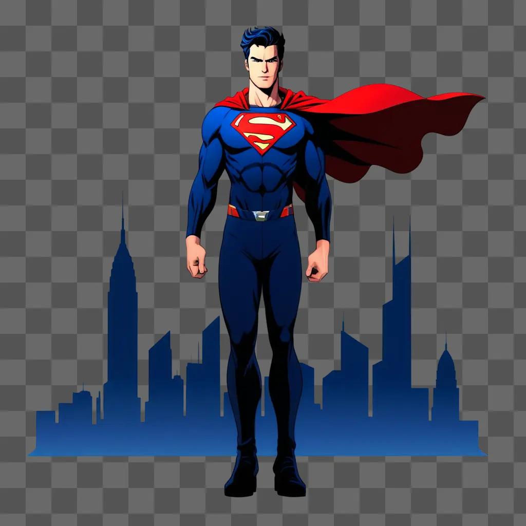 Superman stands in front of a cityscape