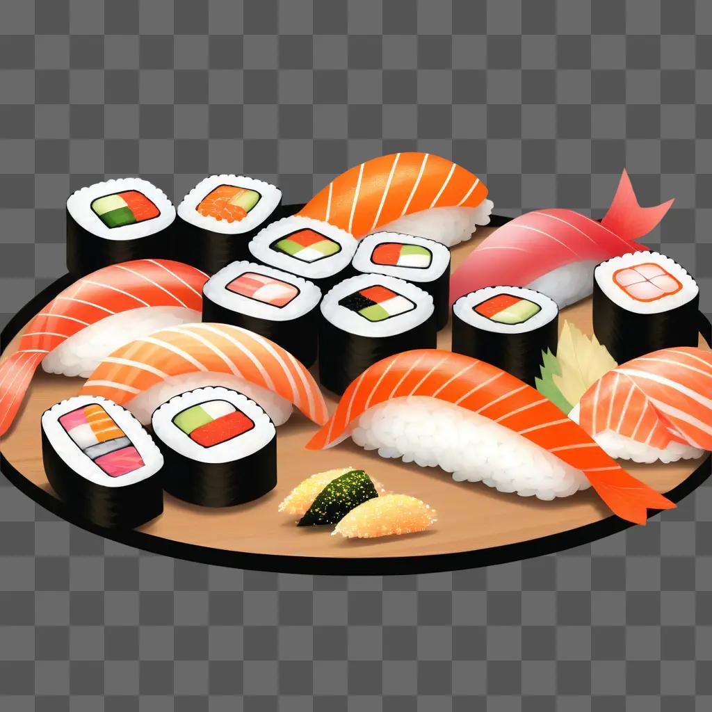 Sushi and fish are drawn on a plate