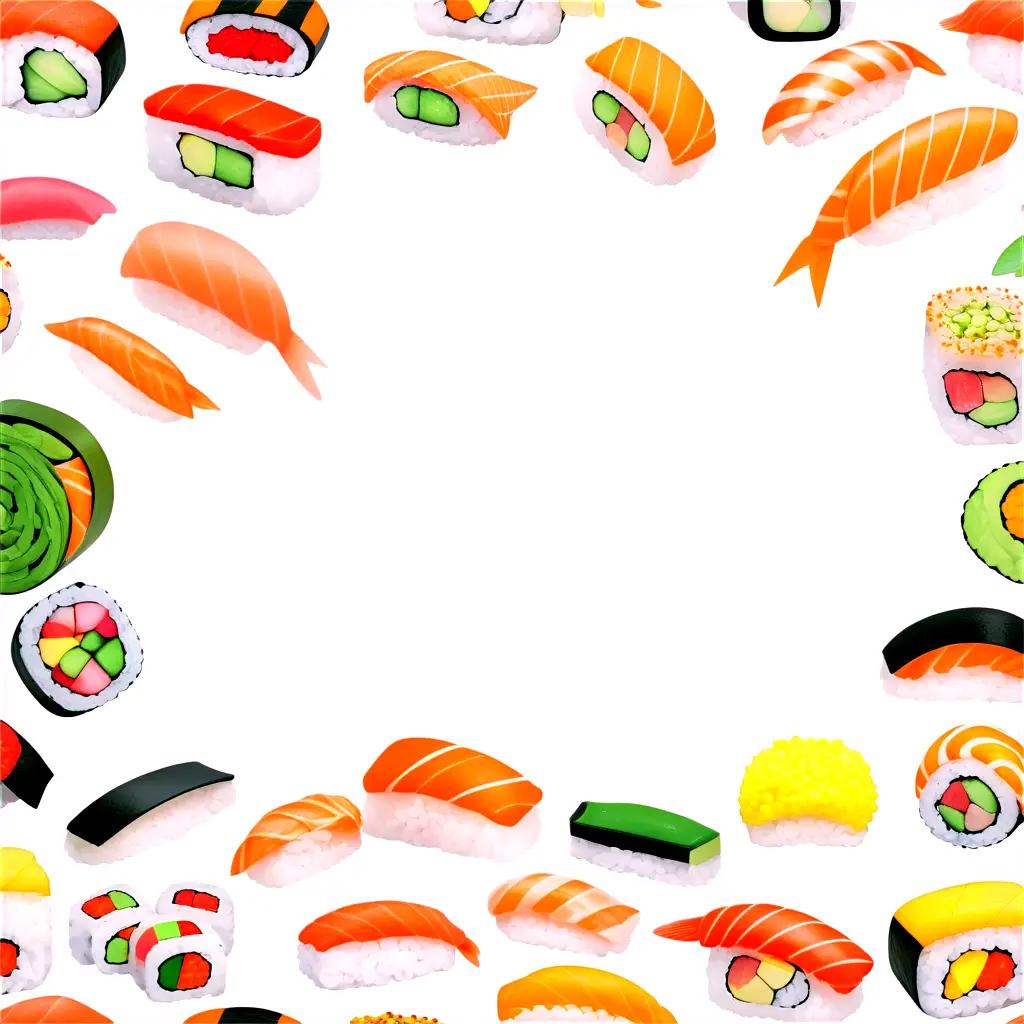 Sushi drawing in frame with different types of sushi