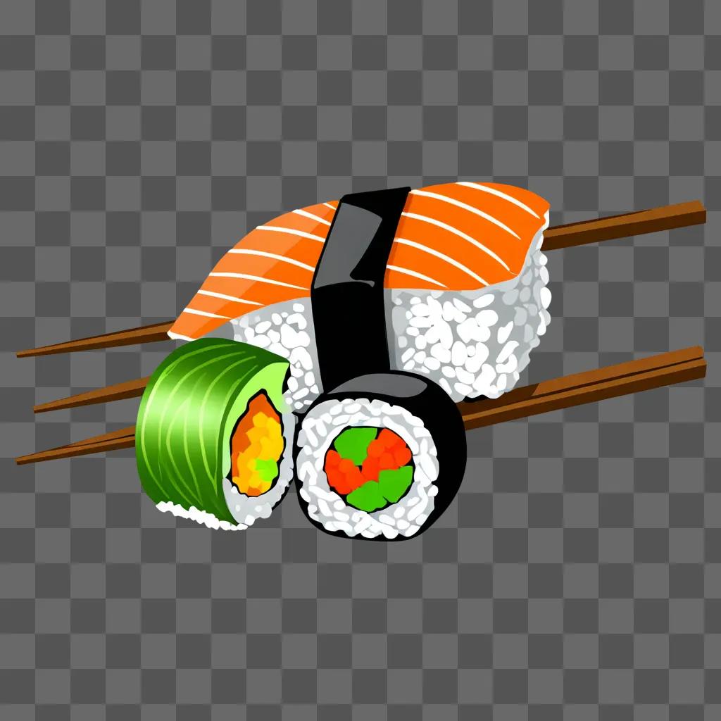 Sushi drawing with colour on brown background