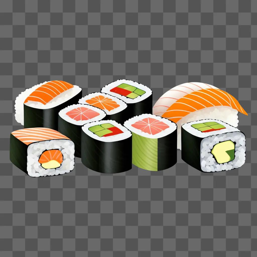 Sushi in a variety of shapes and colors