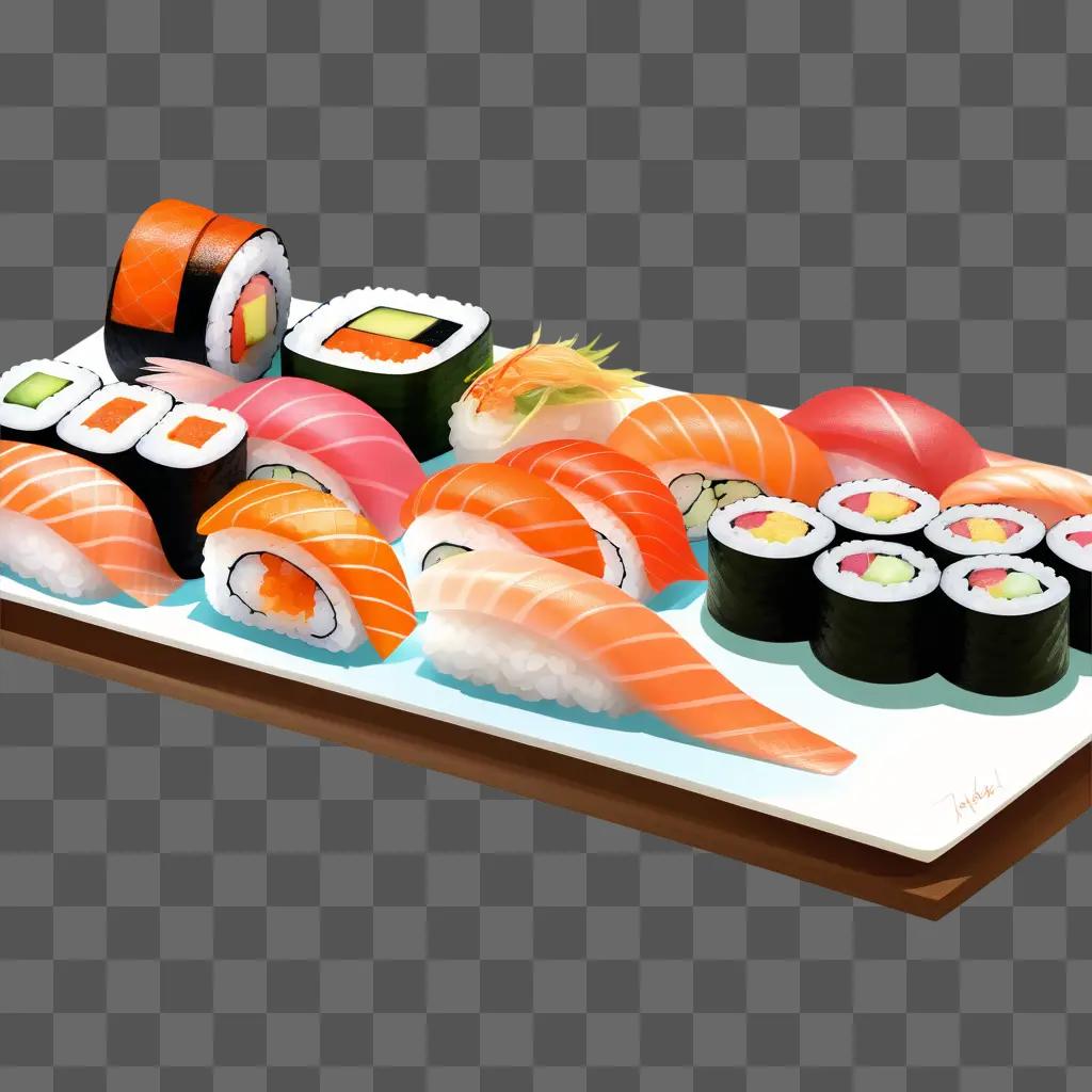 Sushi is displayed on a tray with colorful side dishes