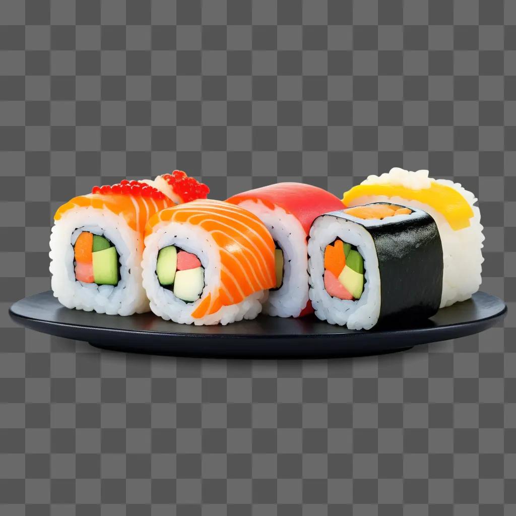 Sushi is shown in a cartoon drawing on a black plate