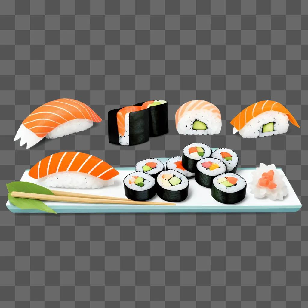 Sushi plate with chopsticks and a drawing of sushi