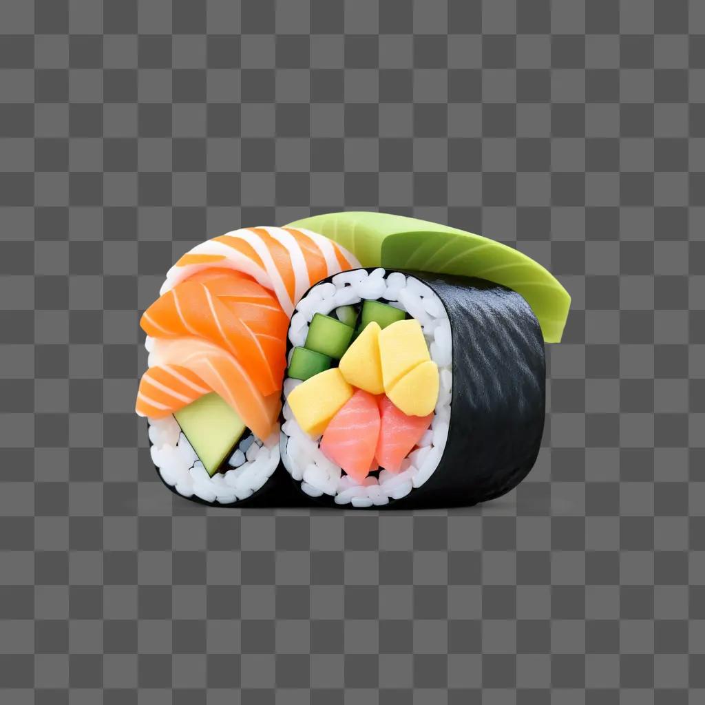 Sushi roll with various toppings and leaf on top