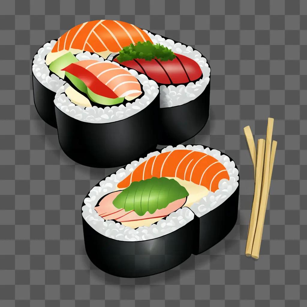 Sushi rolls and chopsticks in a cartoon drawing