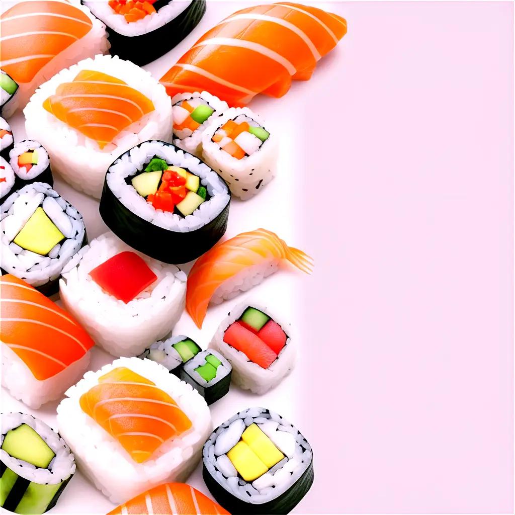 Sushi rolls and slices on pink background