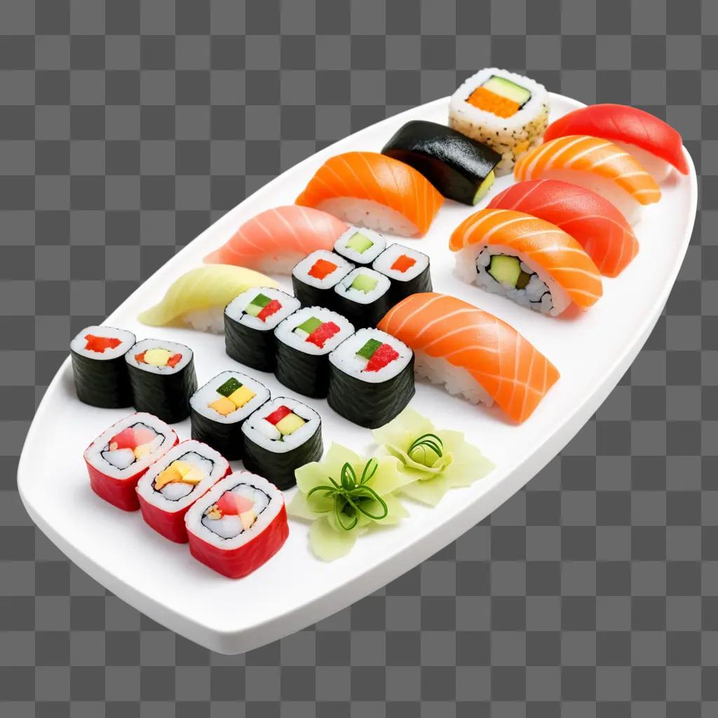 Sushi rolls displayed on plate with green garnish