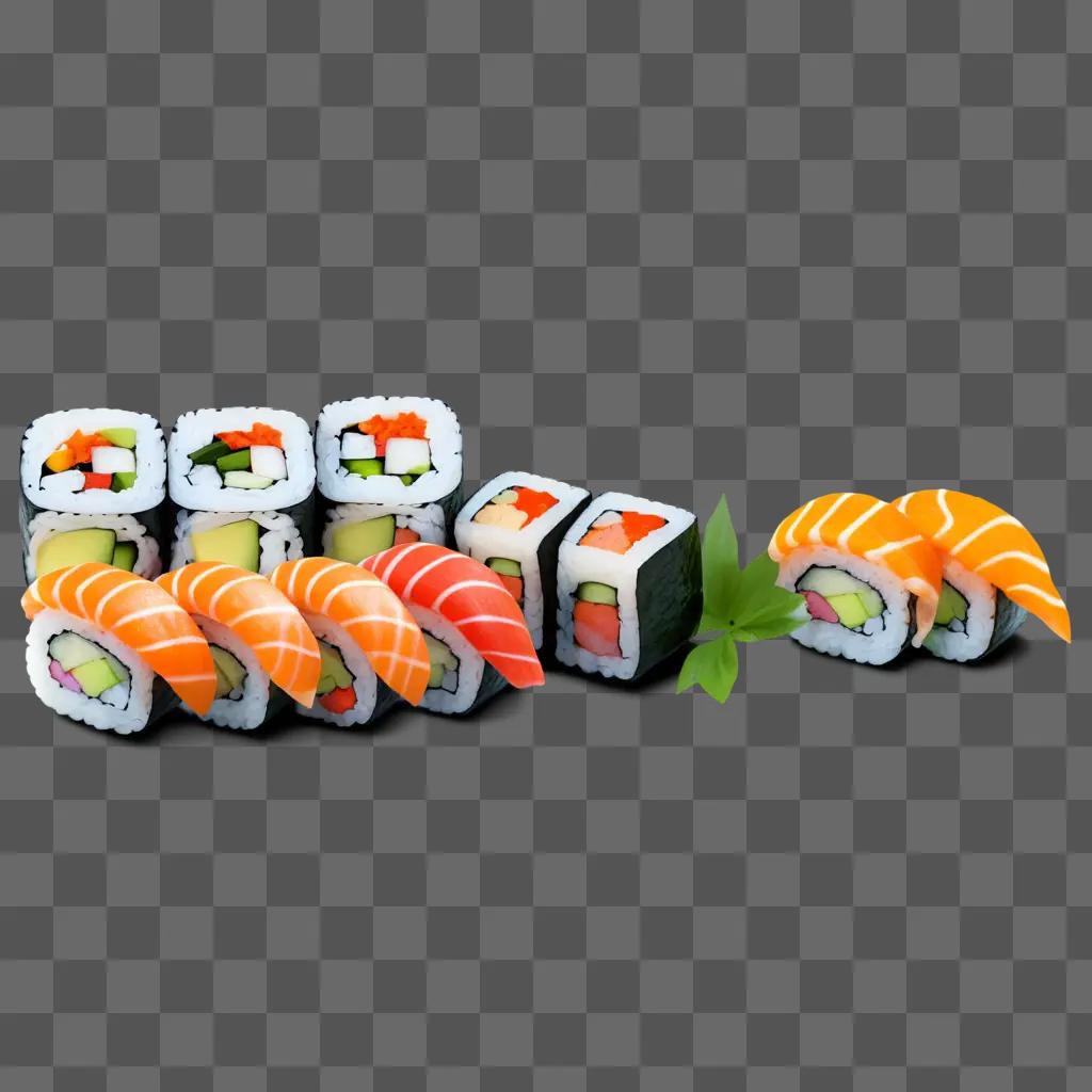 Sushi rolls on a table, side by side