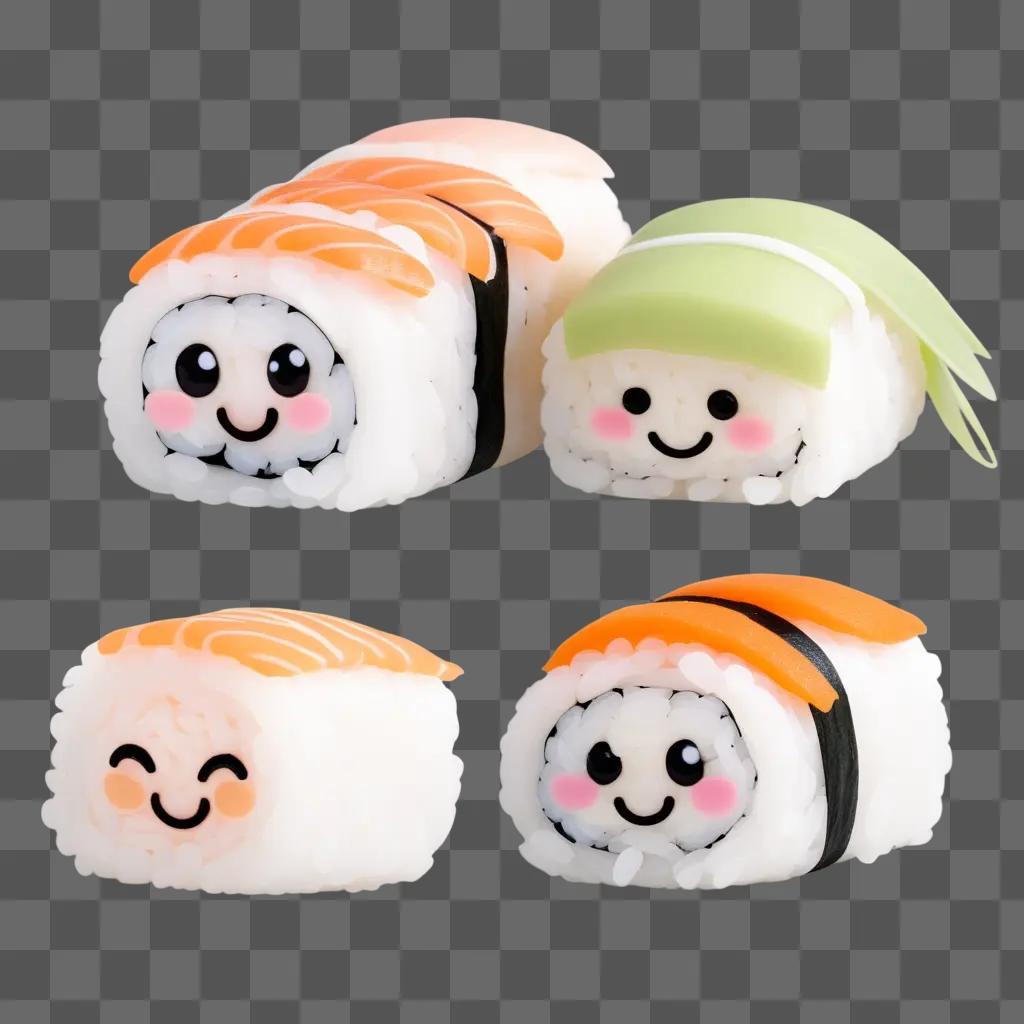 Sushi rolls with cute faces, colorful smiles, and smiles