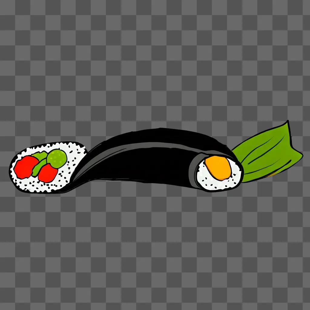 Sushi sketch with green leaf and orange topping