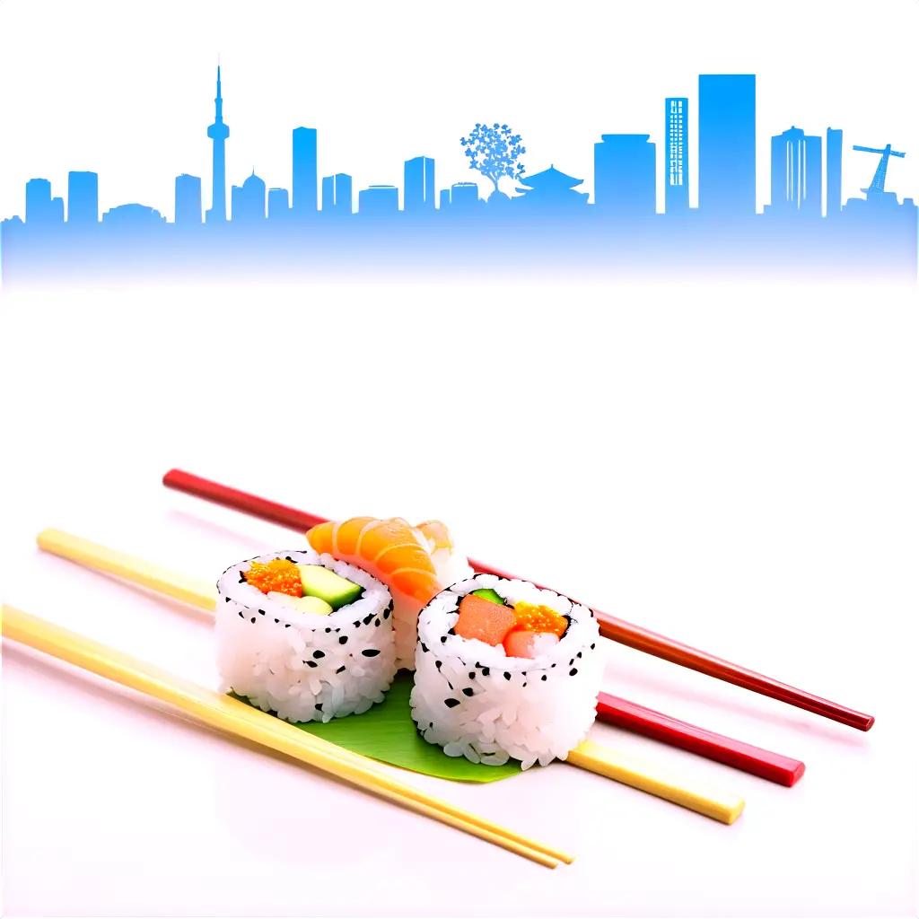 Sushi with chopsticks displayed against city skyline