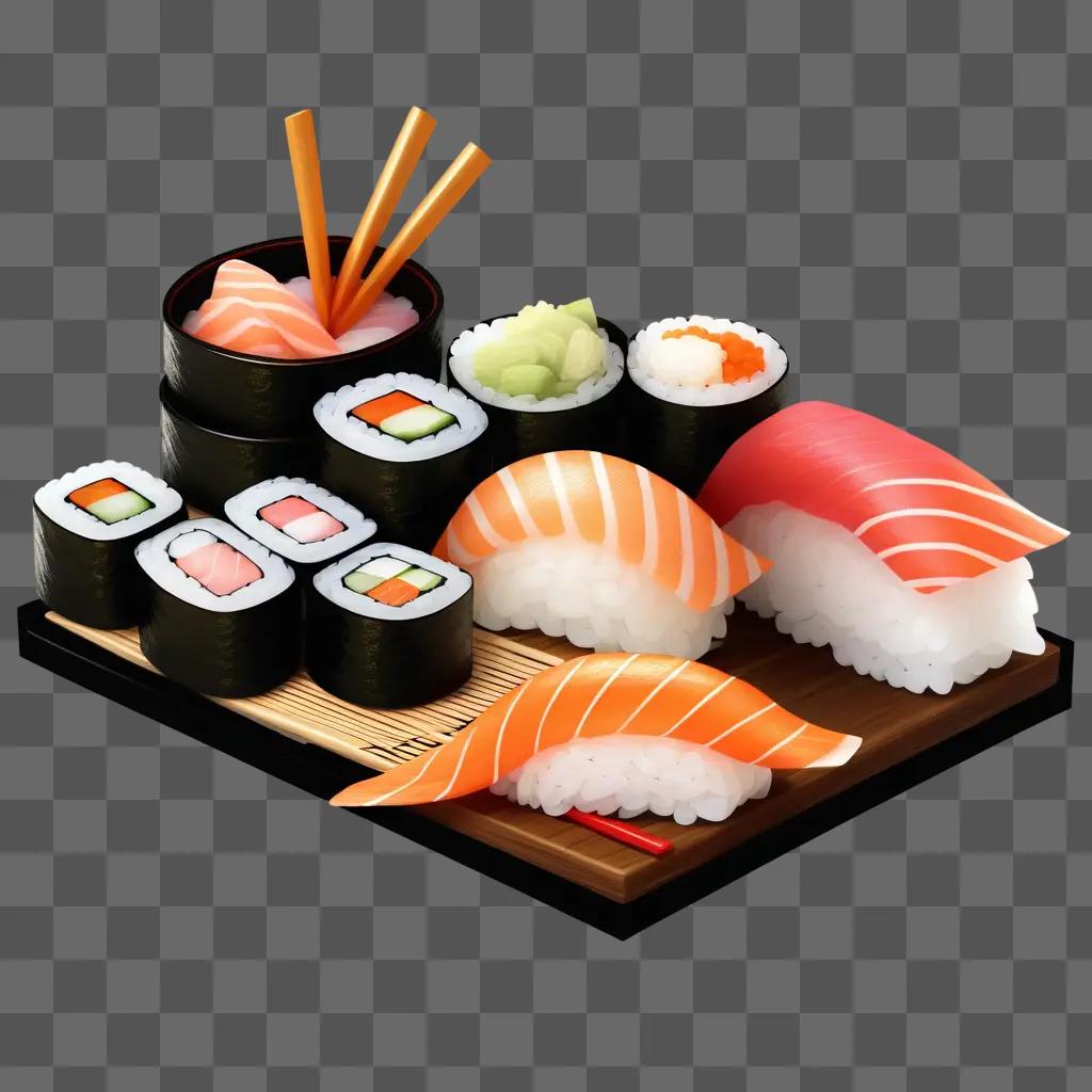 Sushi with side of chopsticks and rice on a tray