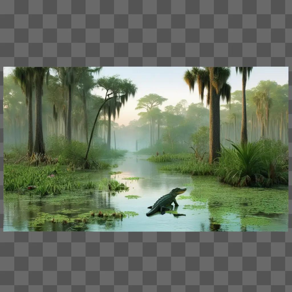 Swamp with alligator and tropical trees