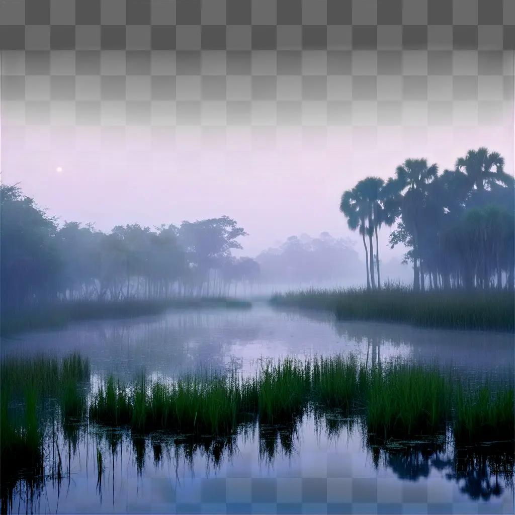 Swamp with fog and palm trees in the distance