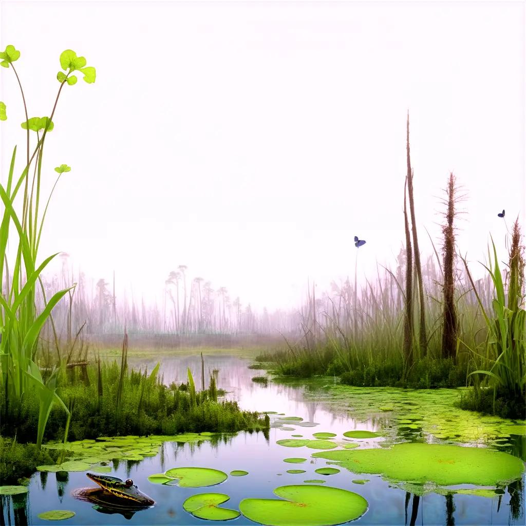 Swamp with frog and butterflies in misty water