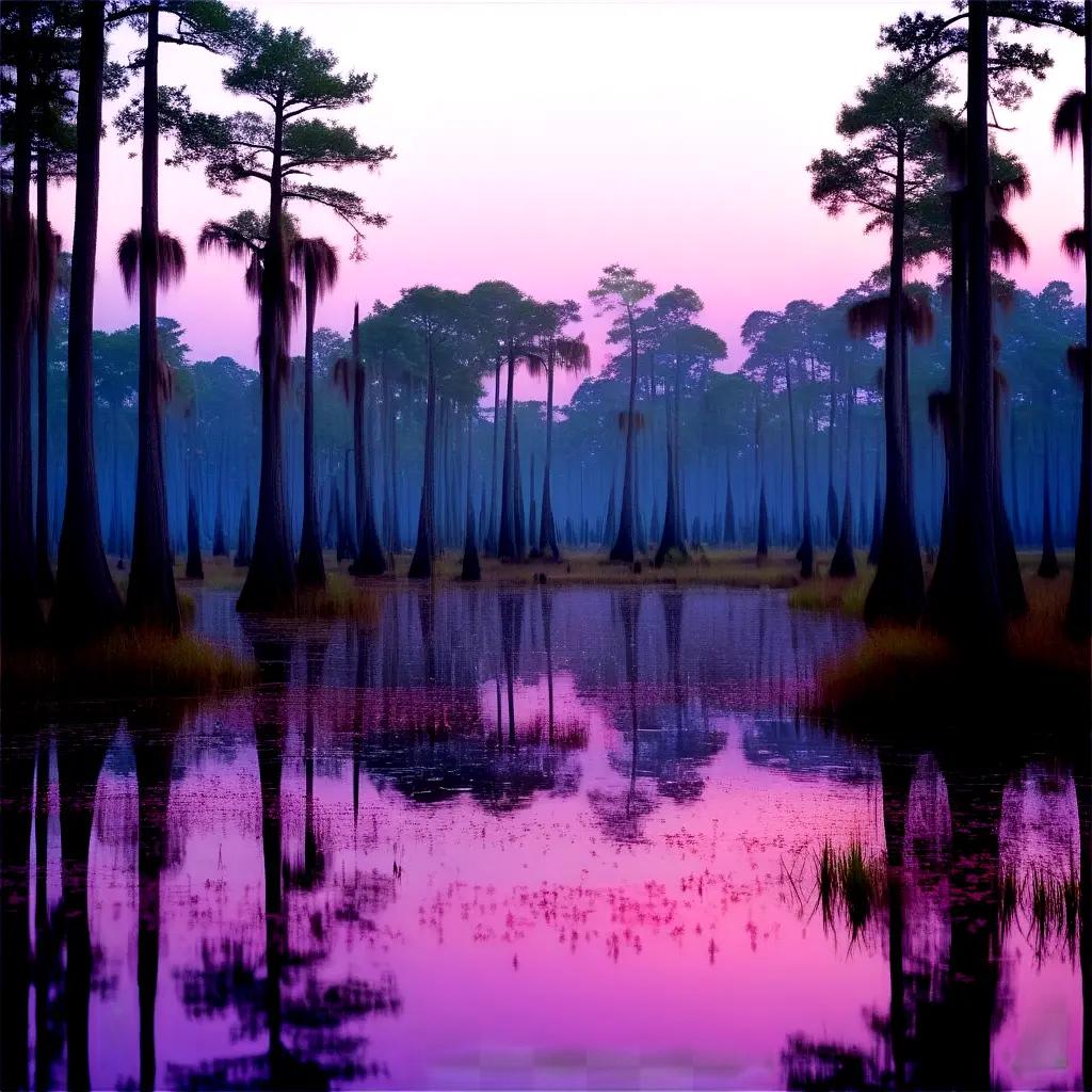 Swamp with purple water and trees at dusk