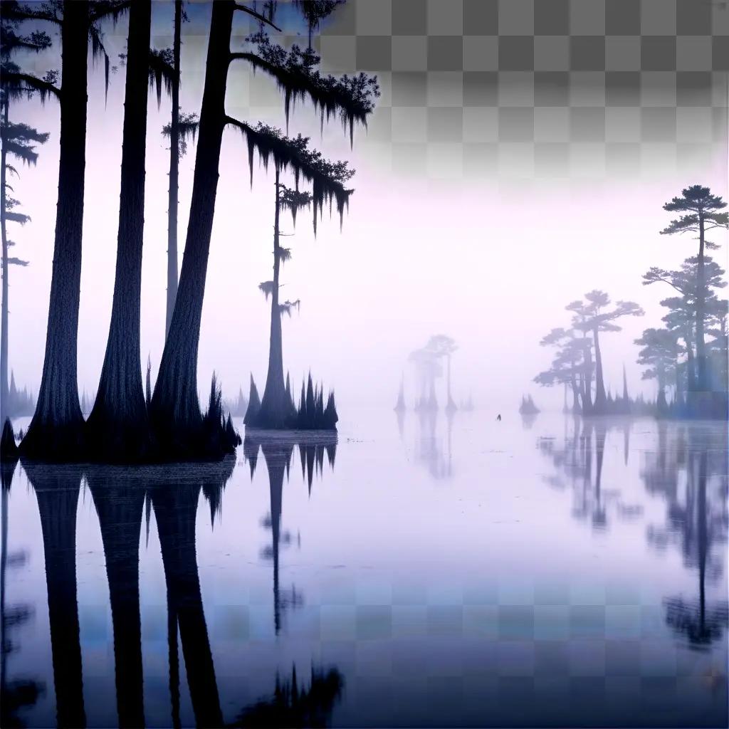 Swampy land, fog, trees, and water