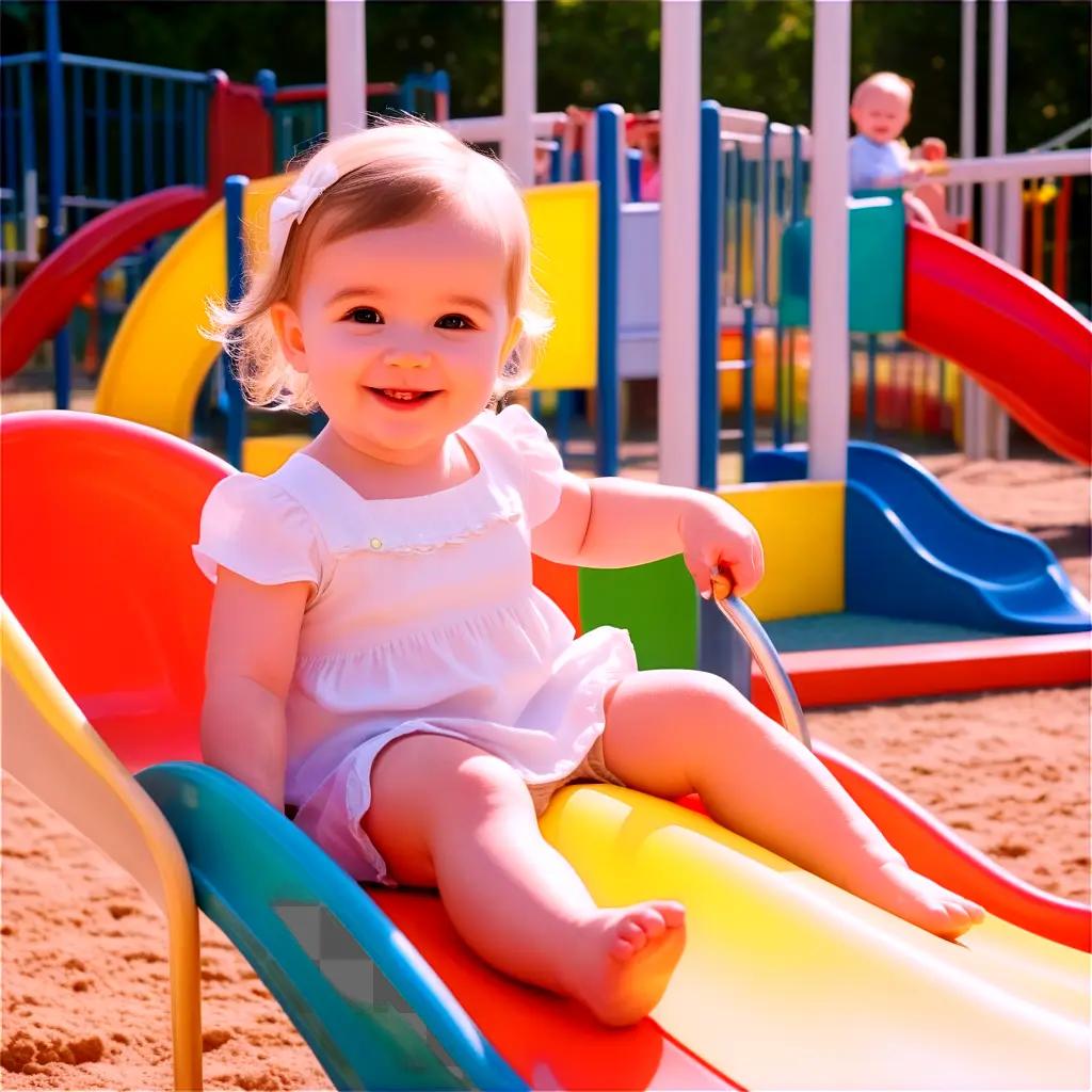 Sweety smiles as she slides down a colorful slide