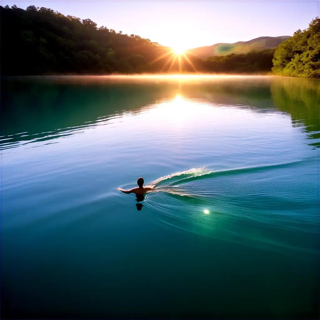 Swimming in a calm lake at sunrise