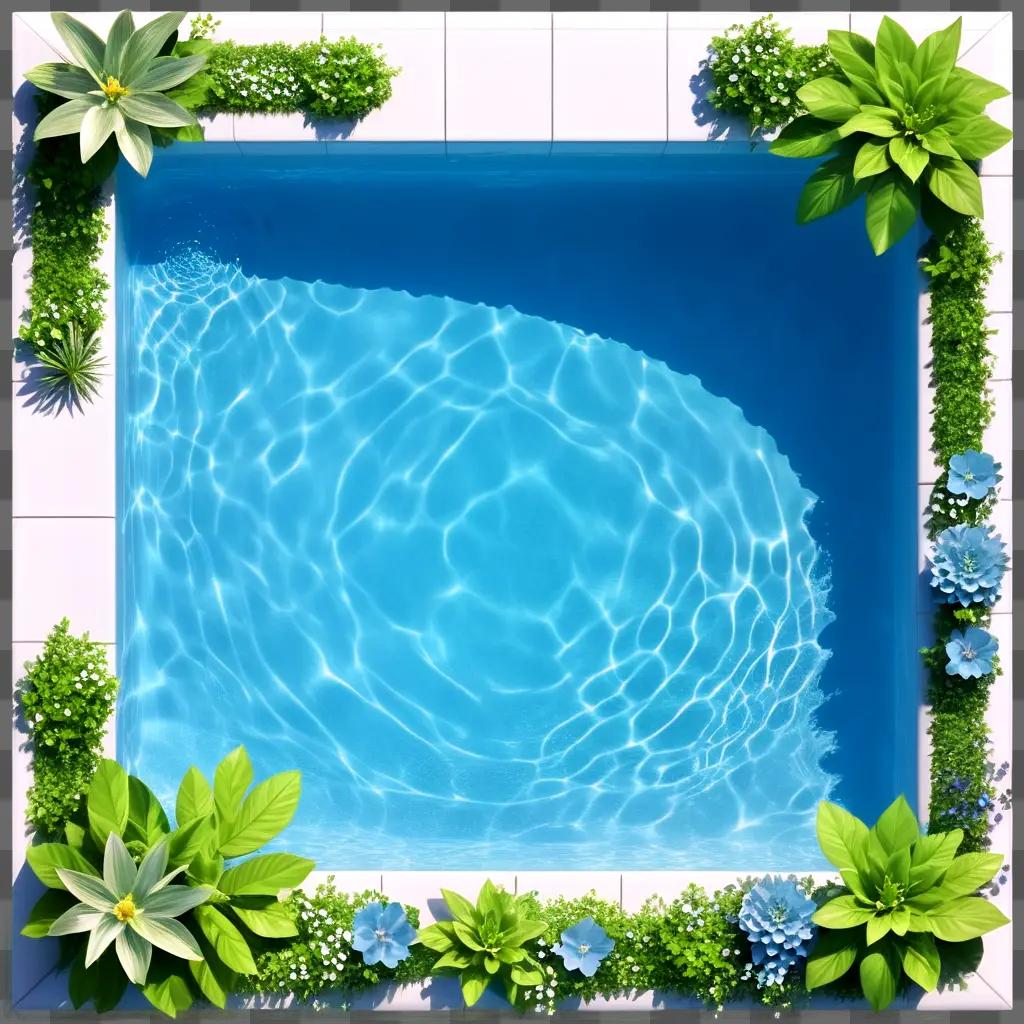 Swimming pool surrounded by plants and flowers