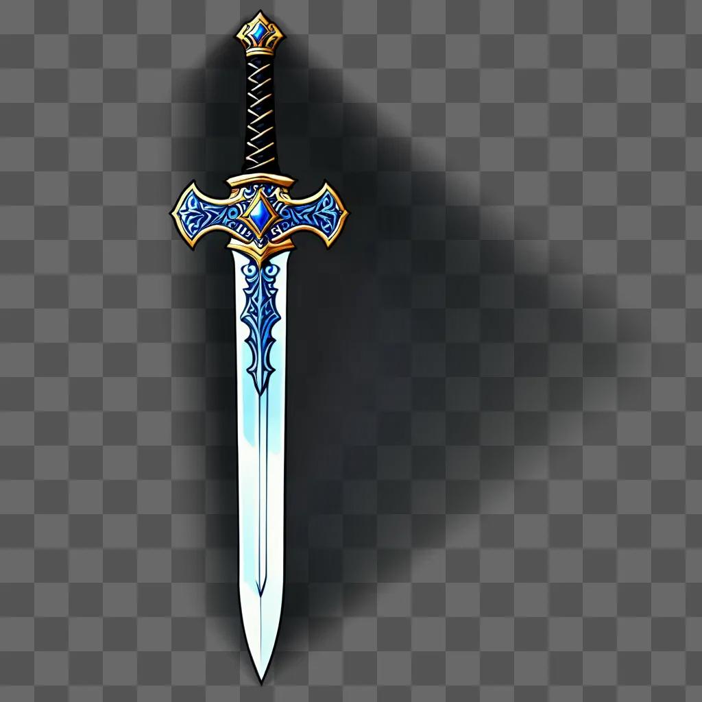 Sword with blue and gold details displayed in a black background