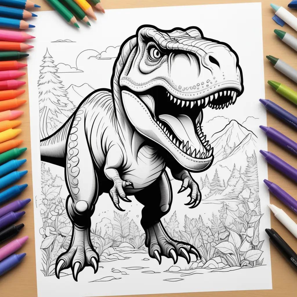 T-Rex coloring page is surrounded by pencils and crayons