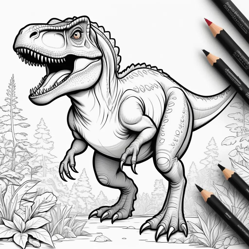 T-Rex coloring pages with black and white coloring pencils