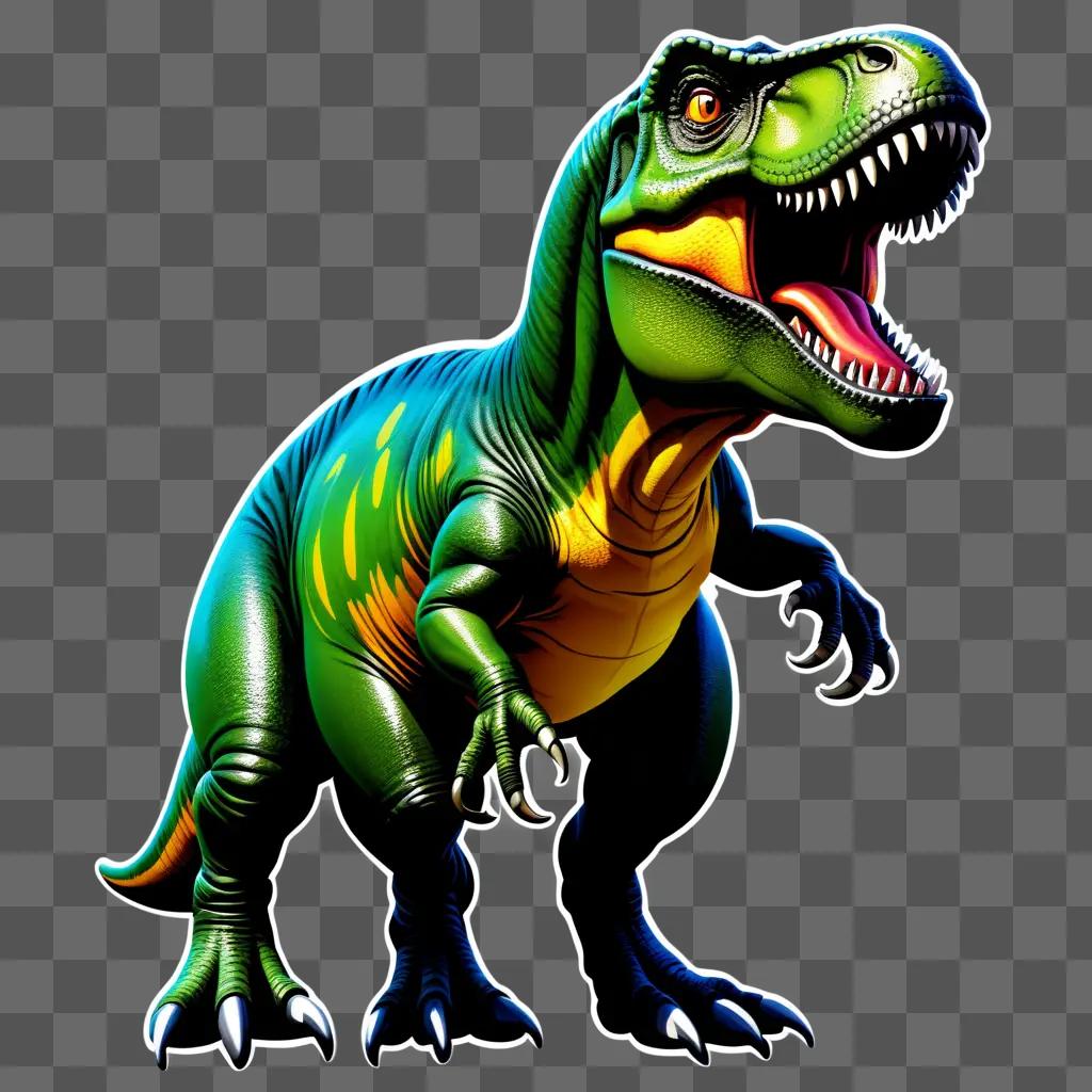 T-Rex with open mouth, sharp teeth, and yellow eyes