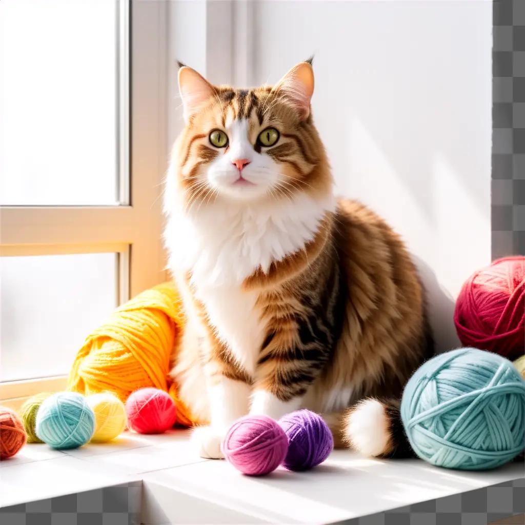 Tabby cat sits on the windowsill with yarn