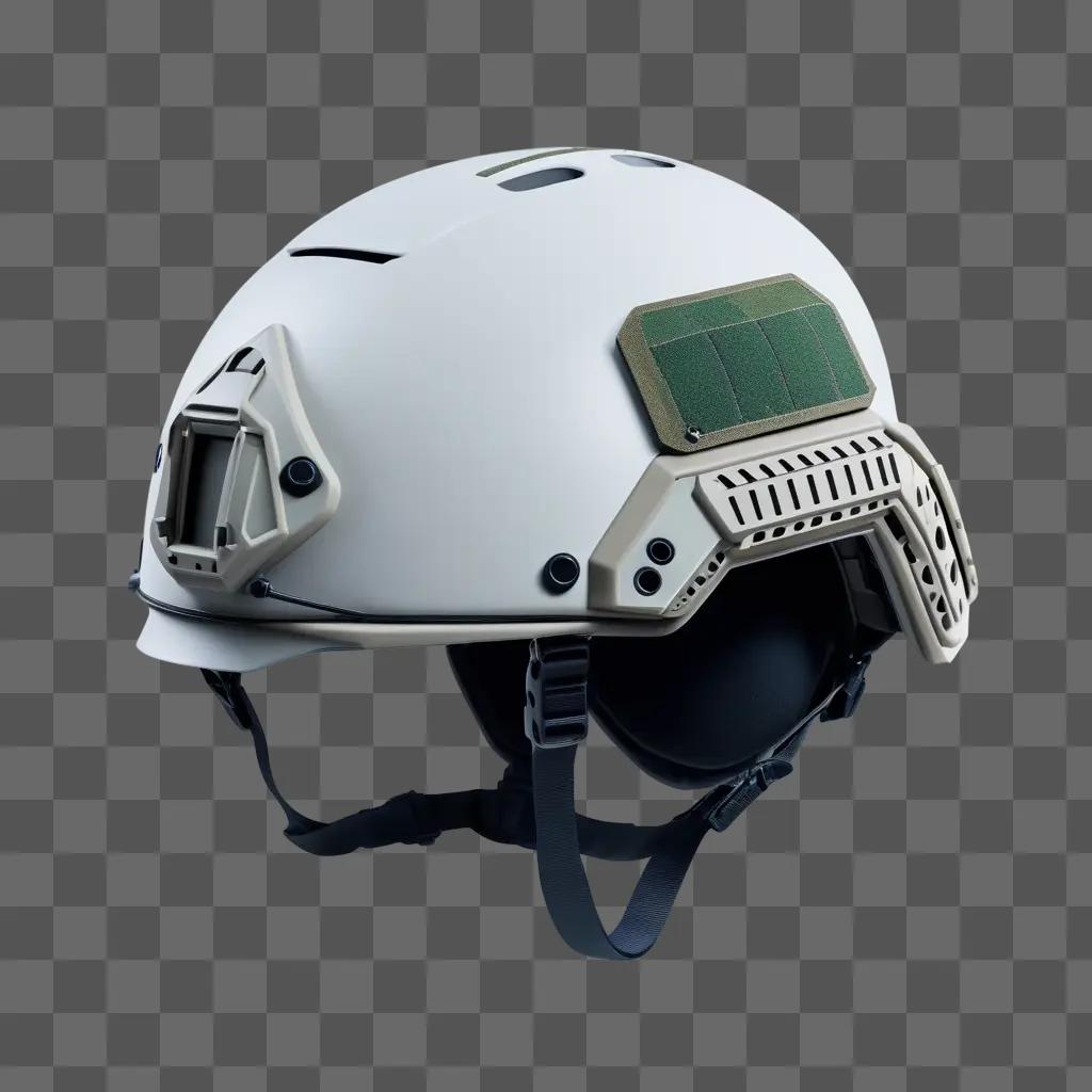 Tactical helmet with green faceplate on gray background