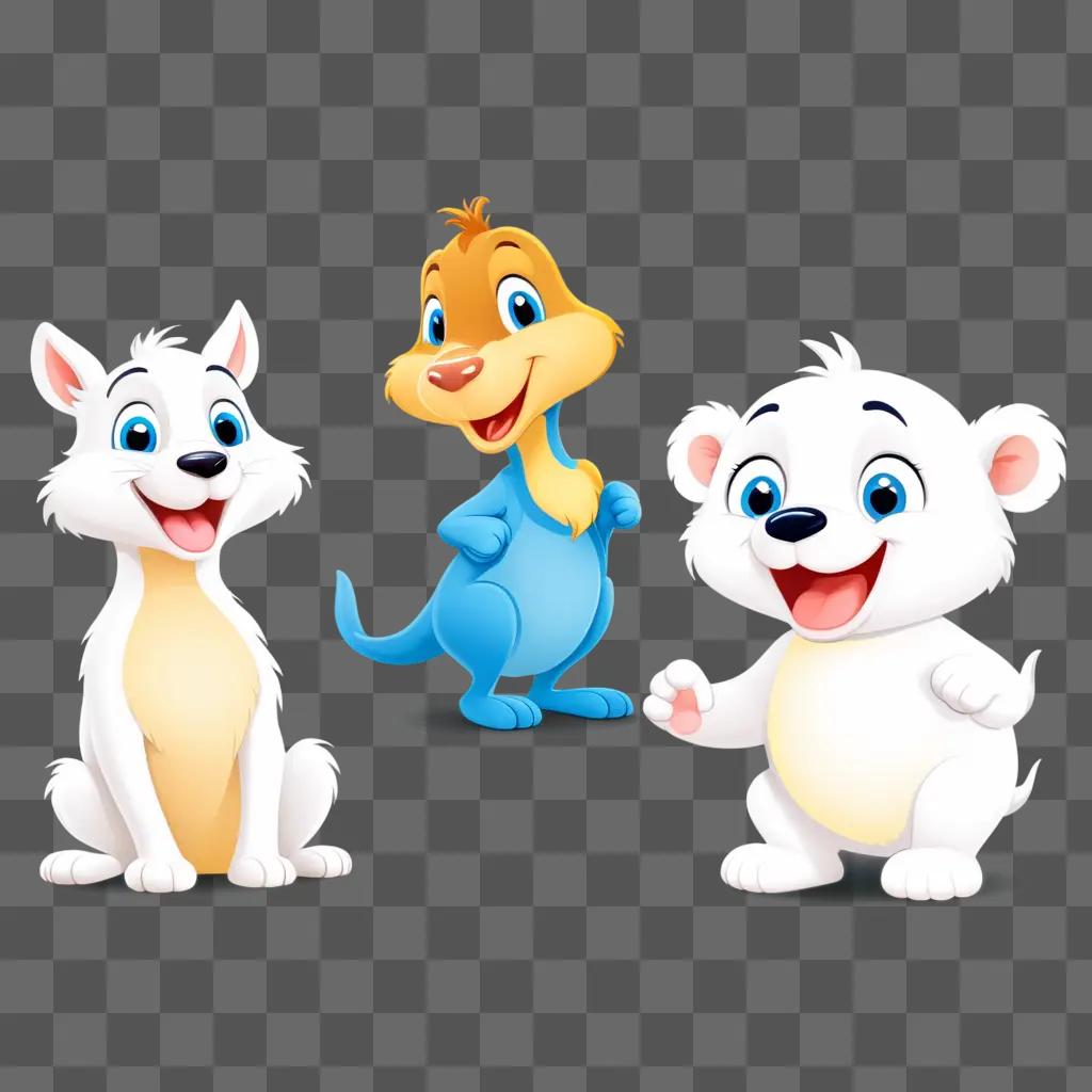 Talking cartoon animals sitting together on a gray background