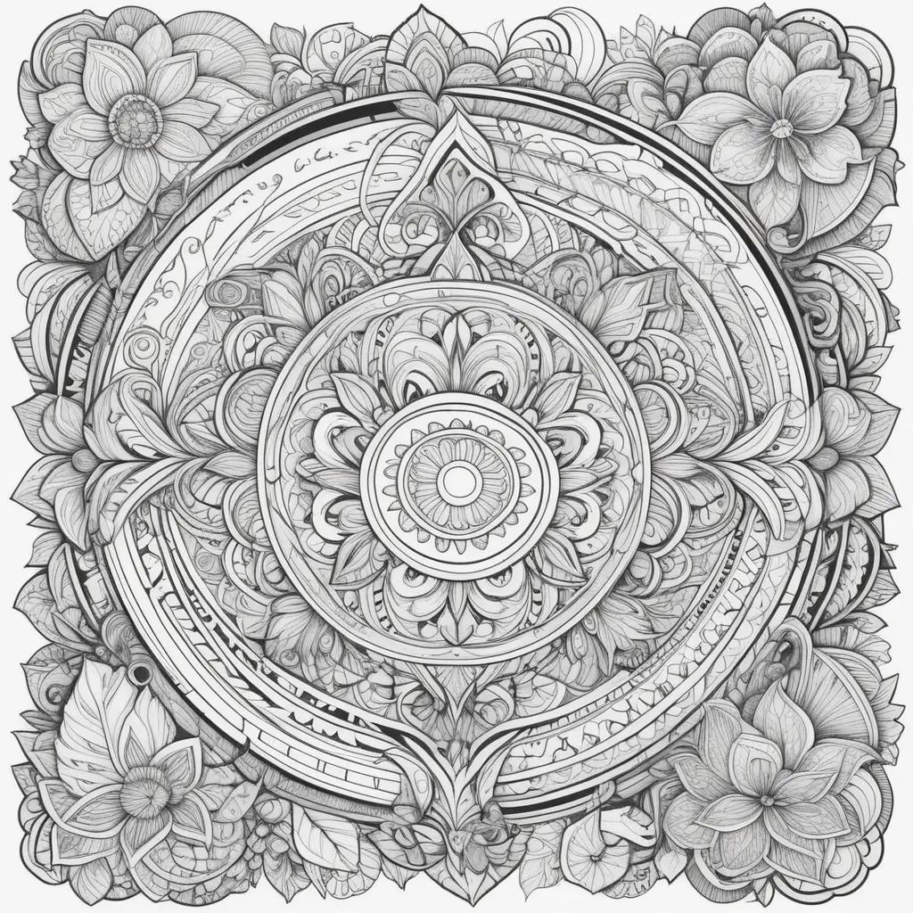 Tangle coloring pages featuring a square with various flowers